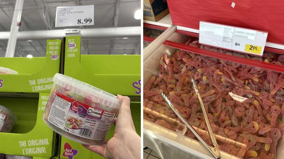 person holding tub of Sour suckers at Costco. Right: bin of Sour suckers at Bulk Barn.