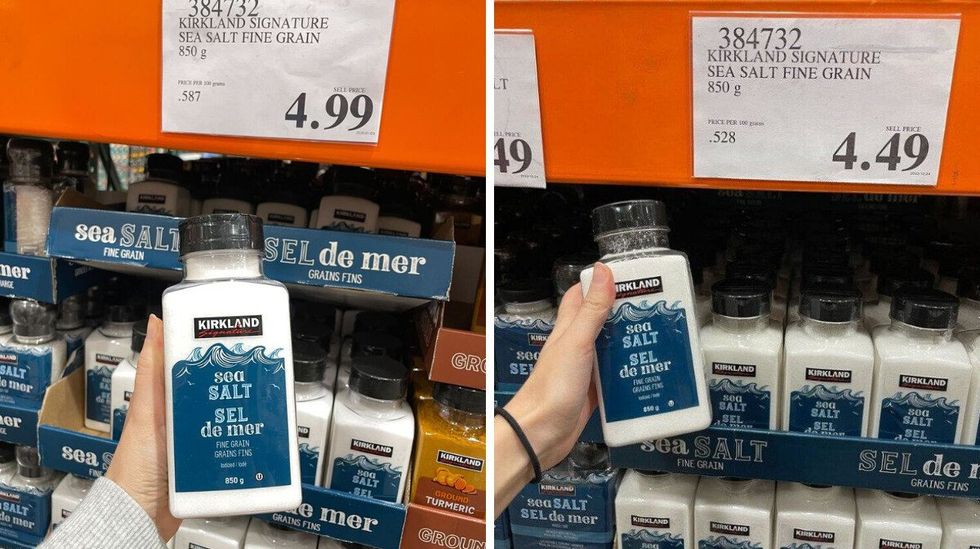 person holding tubs of kirkland signature sea salt at costco in 2025 and 2024