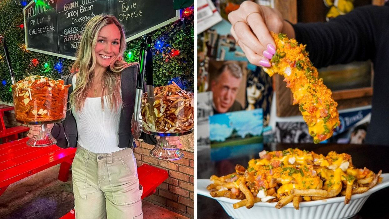 Person holding two punch bowls filled with poutine. Right: Someone picking up food.