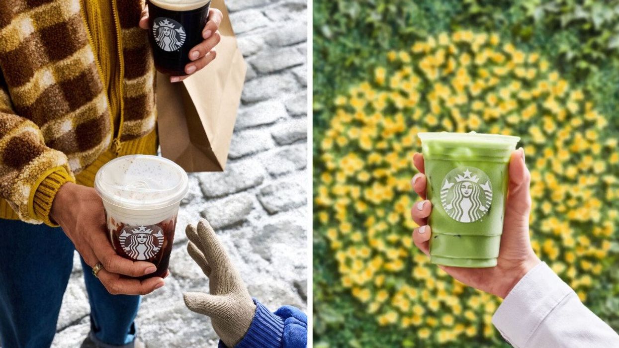 Person holding two Starbucks Cold Brew coffees. Right: Person holding an iced matcha drink from Starbucks.