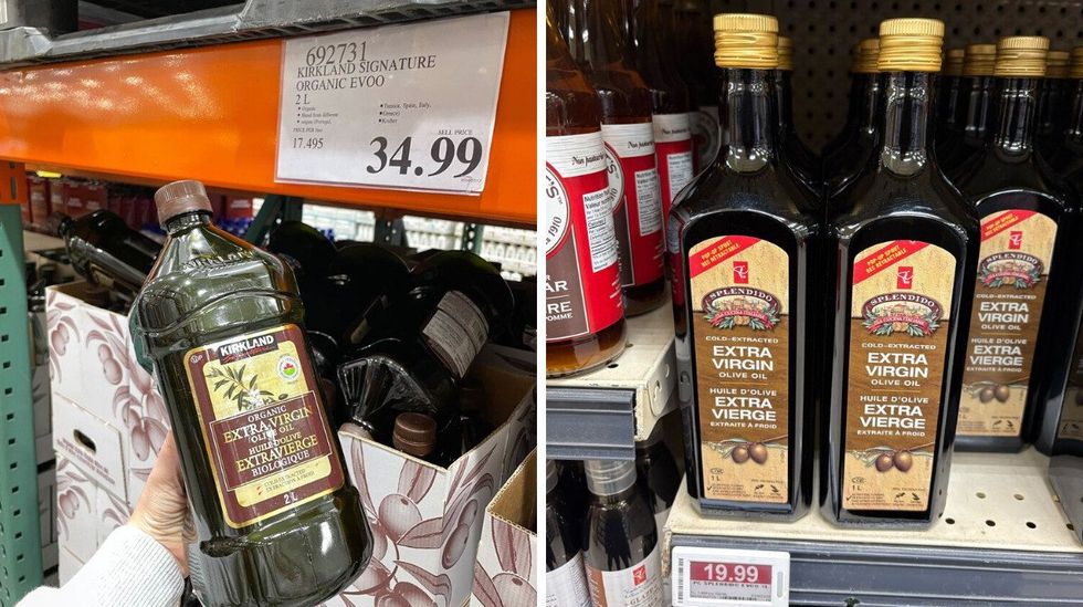 person holding \u200b\u200b\u200b\u200b\u200b\u200bKirkland Signature olive oil. Right: President's Choice olive oil.