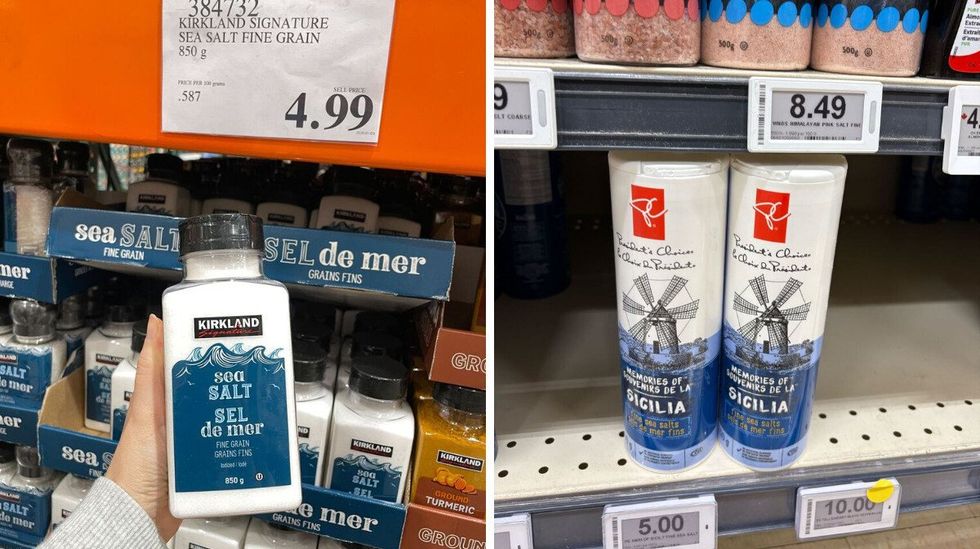 person holding \u200b\u200b\u200b\u200b\u200bKirkland Signature sea salt. Right: President's Choice sea salt.