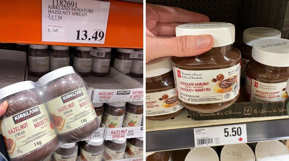person holding \u200b\u200b\u200b\u200bKirkland Signature hazelnut spread. Right: person holding President's Choice hazelnut spread.