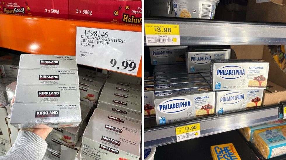 person holding \u200b\u200b\u200bKirkland Signature cream cheese. Right: Philadelphia cream cheese at Walmart.