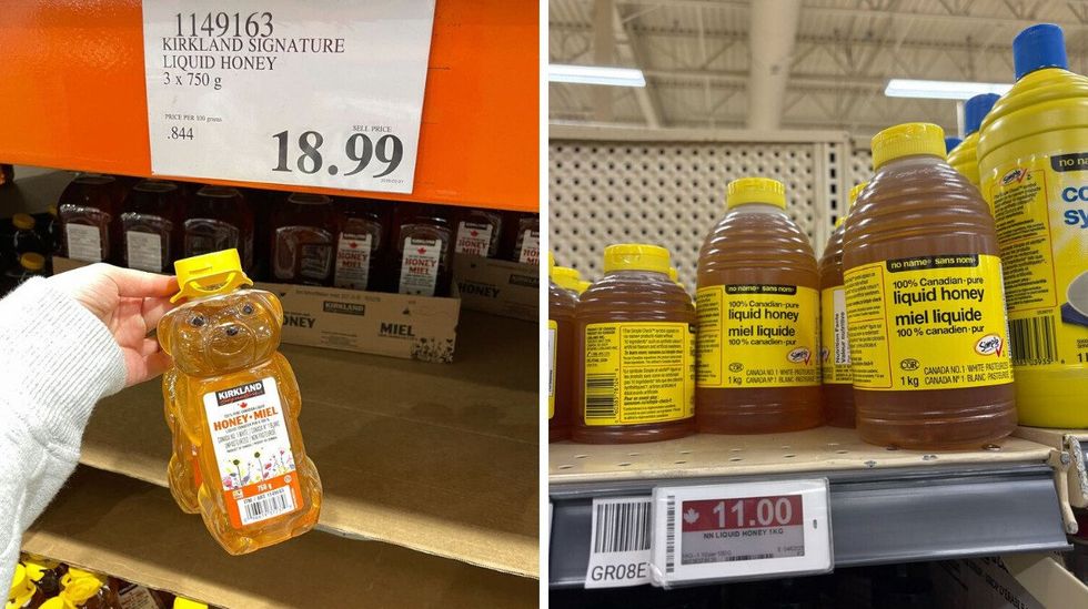 person holding \u200b\u200b\u200bKirkland Signature honey. Right: bottles of No Name honey.