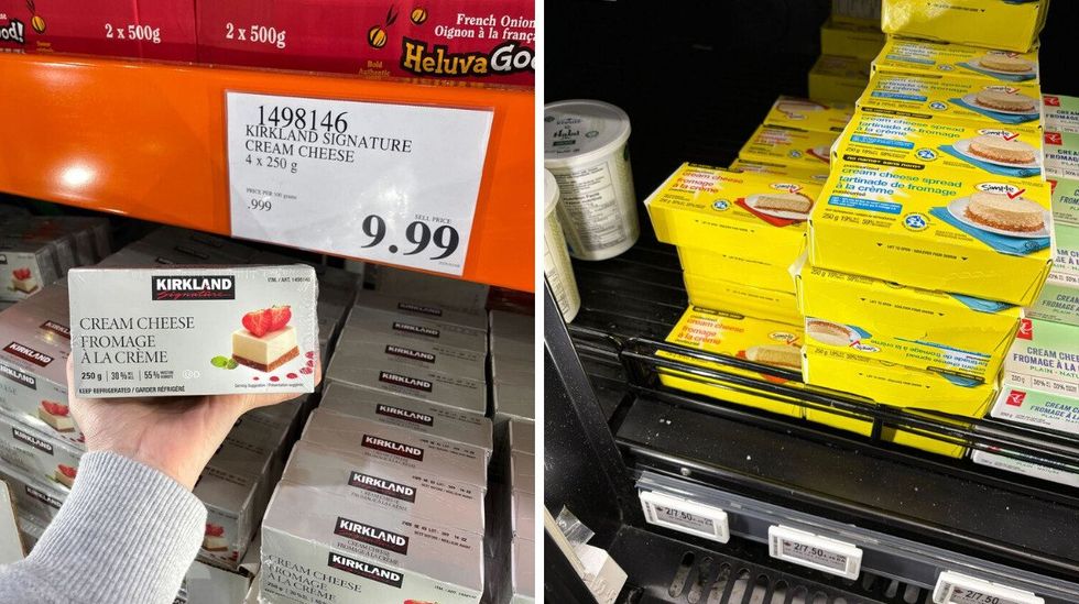 person holding \u200b\u200bKirkland Signature cream cheese. Right: No Name cream cheese.