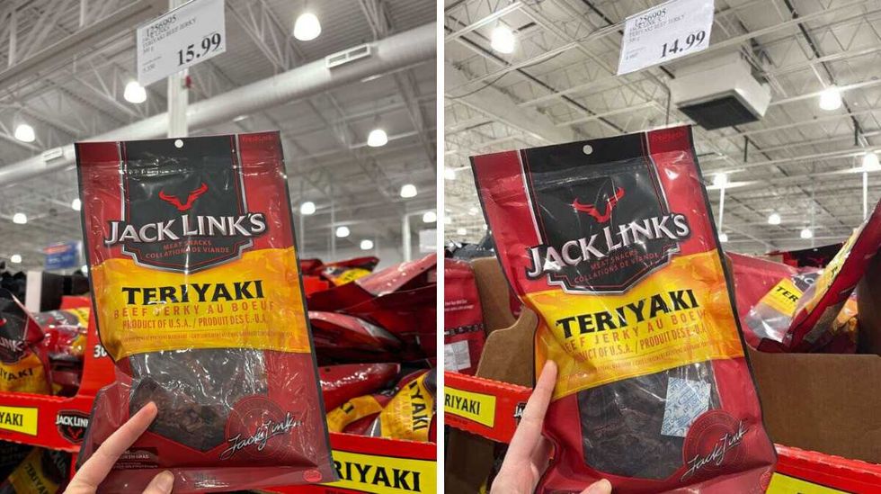 person holding \u200bJack Link's beef jerky at Costco. Right: person holding \u200bJack Link's beef jerky at Costco in 2025.