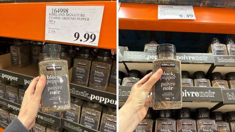 person holding \u200bKirkland Signature coarse ground black pepper. Right: person holding Kirkland Signature coarse ground black pepper in 2025.