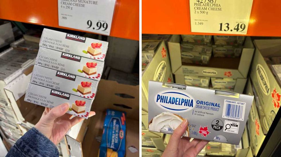 person holding \u200bKirkland Signature cream cheese. Right: person holding Philadelphia cream cheese at Costco.