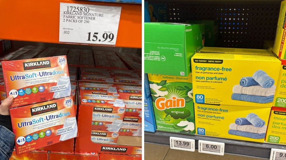 person holding \u200bKirkland Signature dryer sheets. Right: No Name dryer sheets.