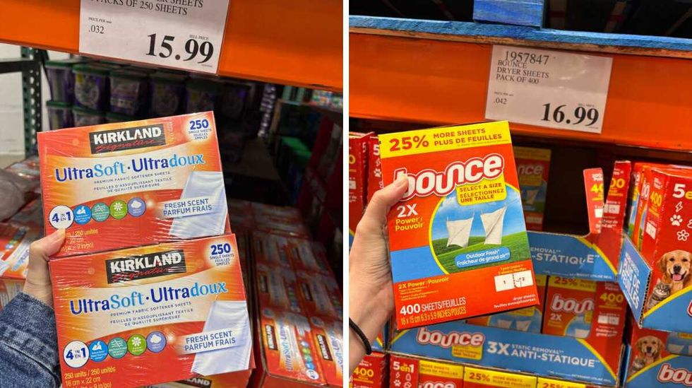 person holding \u200bKirkland Signature dryer sheets. Right: person holding Bounce dryer sheets at Costco.