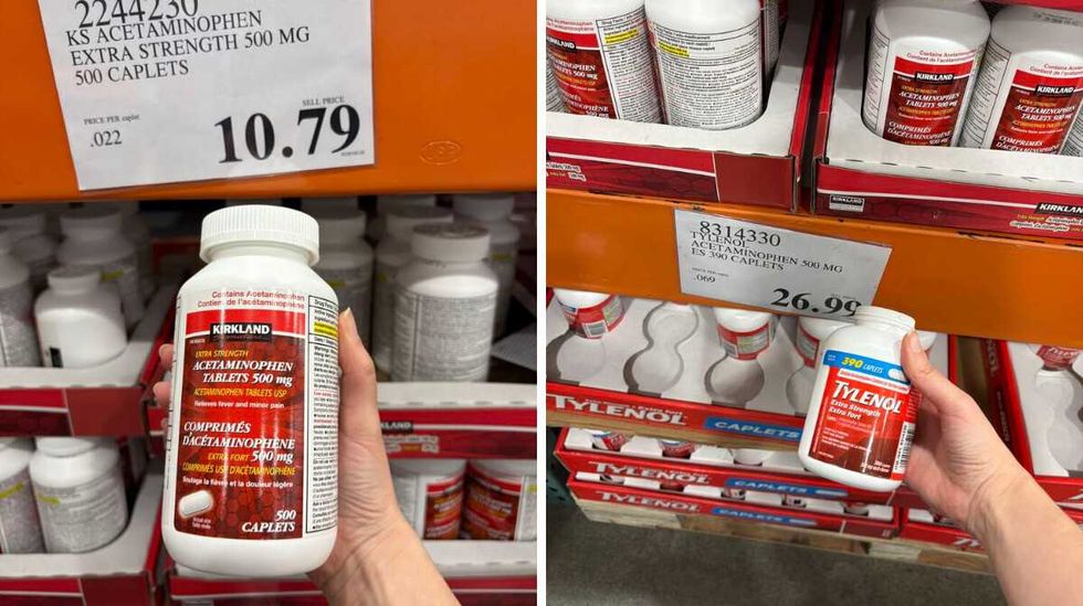 person holding \u200bKirkland Signature extra-strength acetaminophen. Right: person holding Extra-strength Tylenol at Costco.