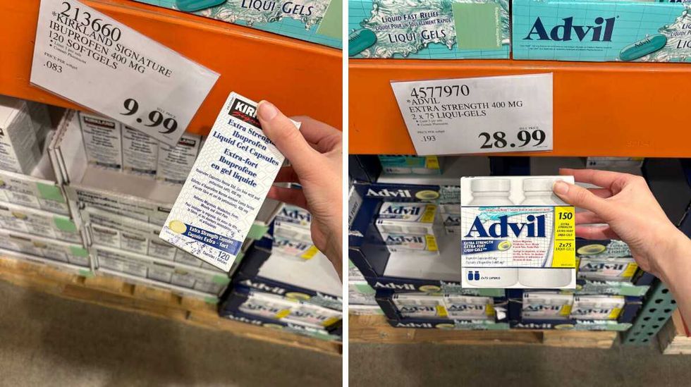 person holding \u200bKirkland Signature extra-strength ibuprofen. Right: person holding Extra-strength Advil at Costco.