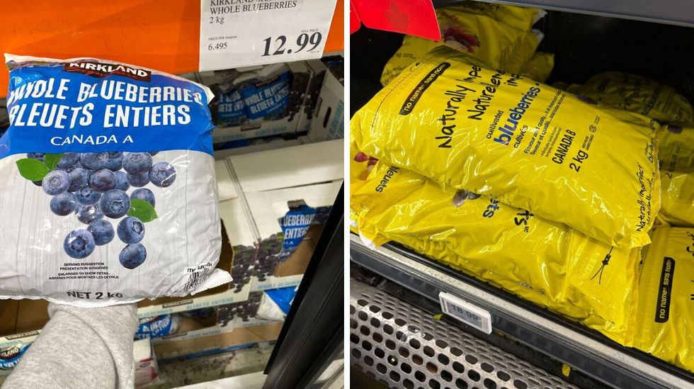person holding \u200bKirkland Signature frozen blueberries. Right: bags of No Name frozen blueberries.