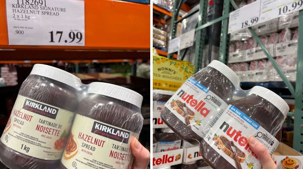 person holding \u200bKirkland Signature hazelnut spread. Right: person holding Nutella at Costco.