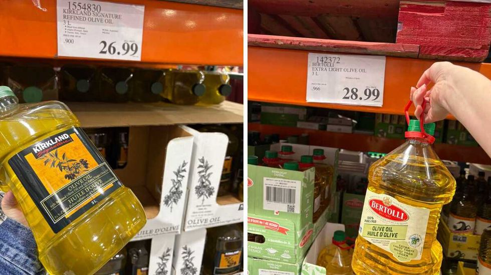 person holding \u200bKirkland Signature light olive oil. Right: person holding Bertolli light olive oil at Costco.