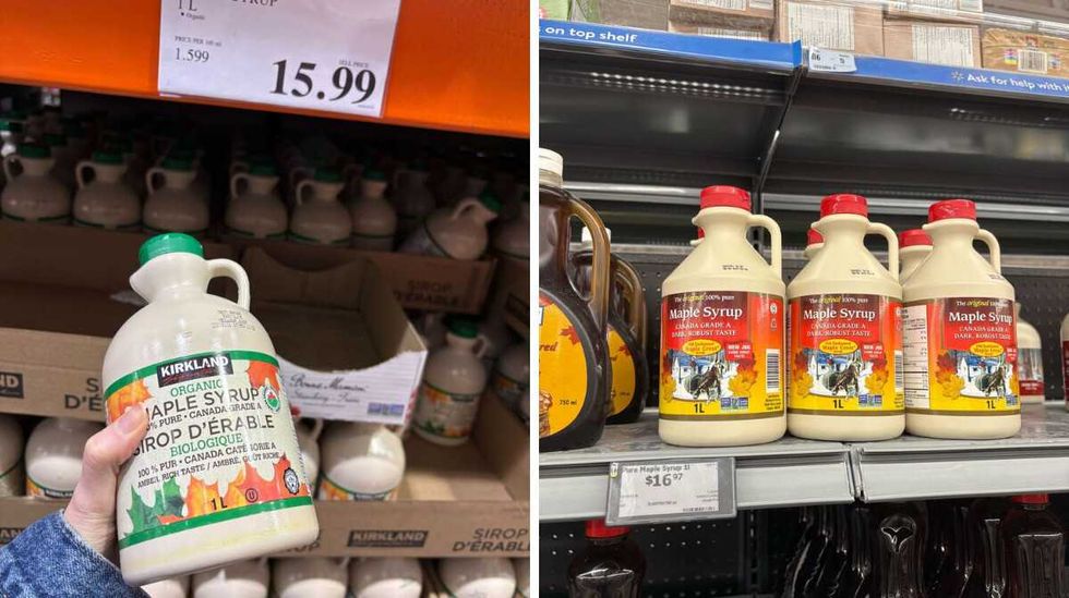person holding \u200bKirkland Signature maple syrup. Right: Old Fashioned Maple Crest maple syrup at Walmart.