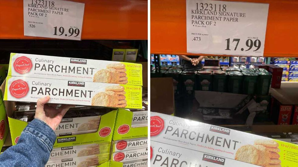 person holding \u200bKirkland Signature PaperChef parchment paper. Right: Kirkland Signature PaperChef parchment paper in 2023.