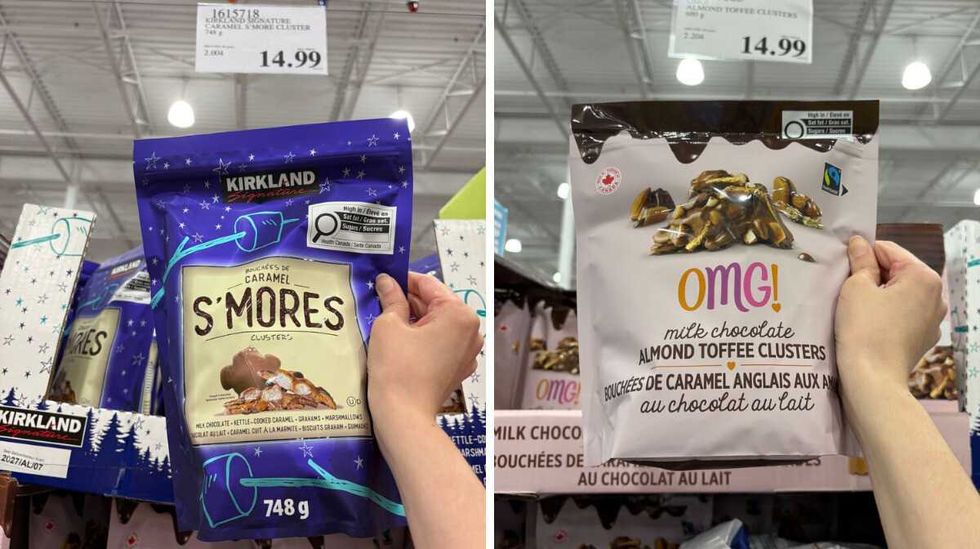 person holding \u200bKirkland Signature s'more clusters. Right: person holding OMG clusters at Costco.