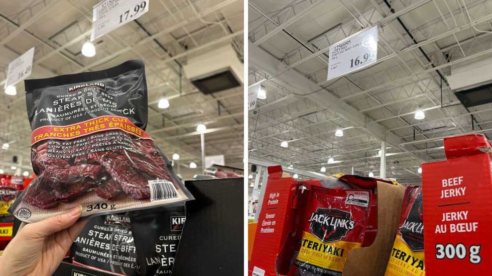 person holding \u200bKirkland Signature steak strips. Right: bags of Jack Link's beef jerky at Costco.