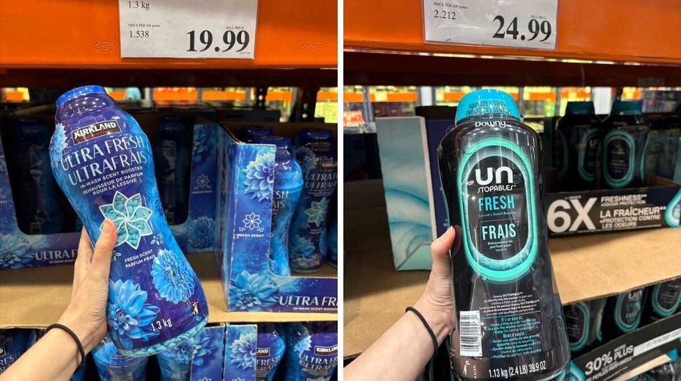 person holding \u200bKirkland Signature Ultra Fresh laundry beads. Right: person holding Downy Unstopables Fresh laundry beads at Costco.