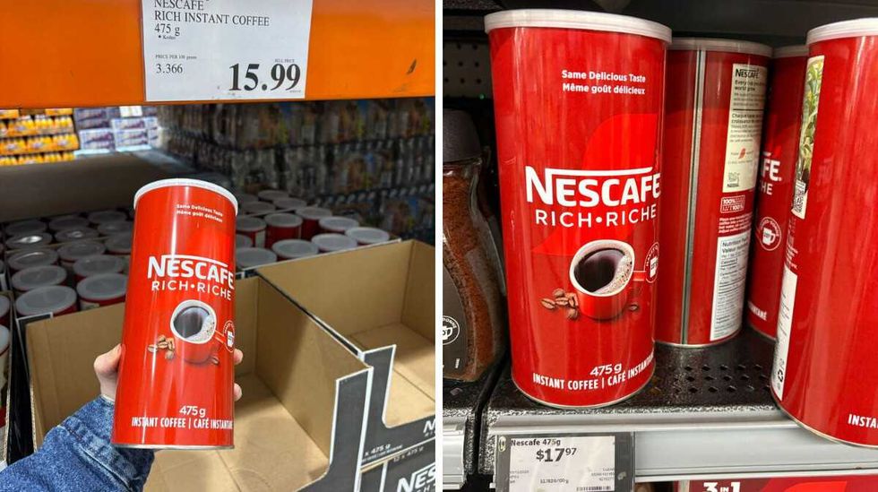 person holding \u200bNescaf\u00e9 instant coffee at Costco. Right: Nescaf\u00e9 instant coffee at Walmart.