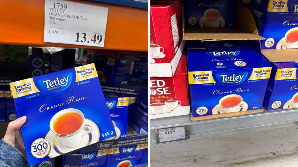 person holding \u200bTetley orange pekoe tea at Costco. Right: Tetley orange pekoe tea at Walmart.
