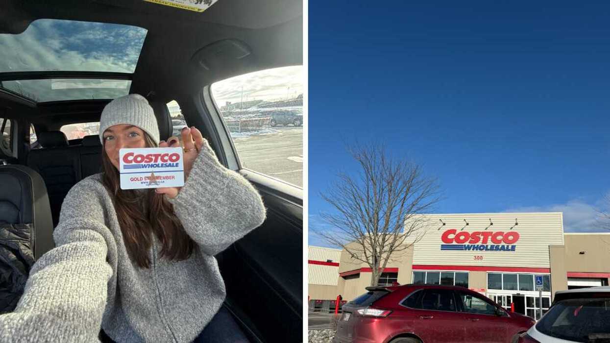 Person holding up a Costco membership card. Right: The outside of a Costco Wholesale Canada.