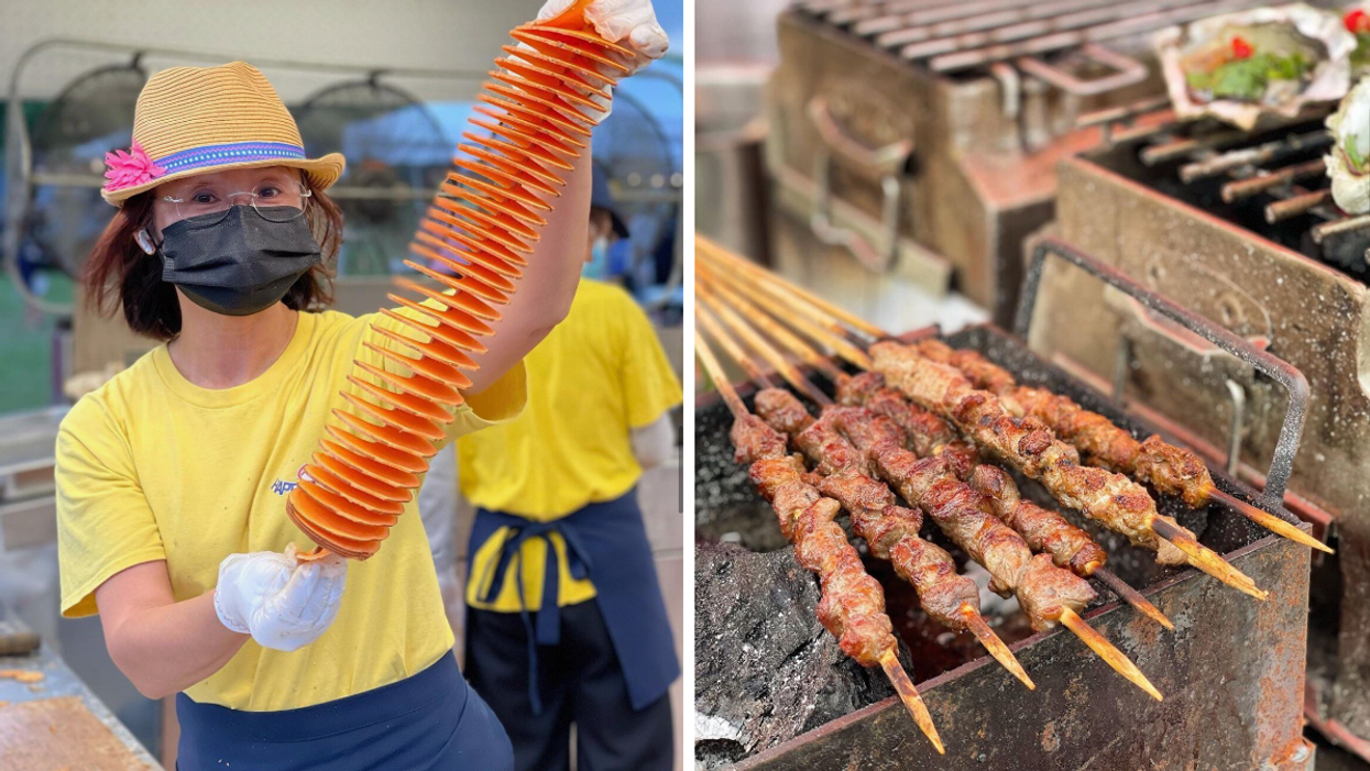 Person holding up sweet potato tornado fries. Right: Meat skewer on grill.