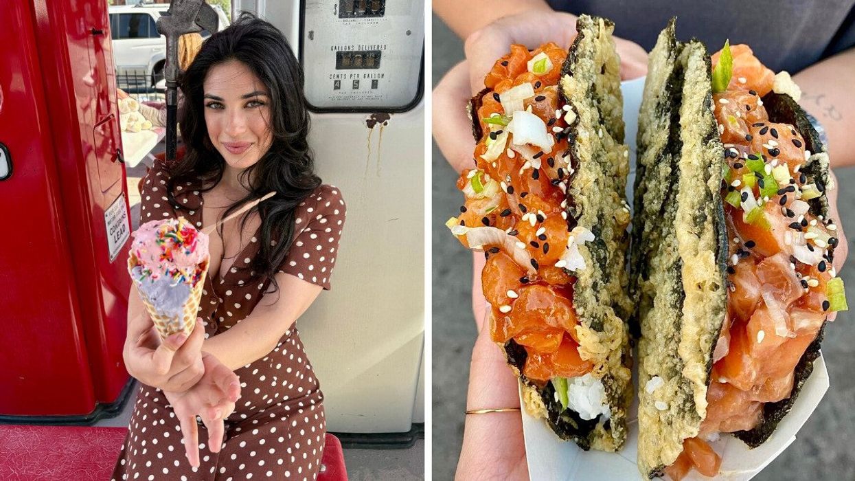 Person holing ice cream. Right: A sushi taco.