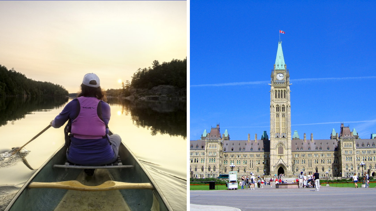 Person in a boat. Right: Parliament building in Ottawa.