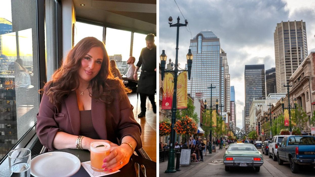 Person in a Calgary restaurant. Right: A city.