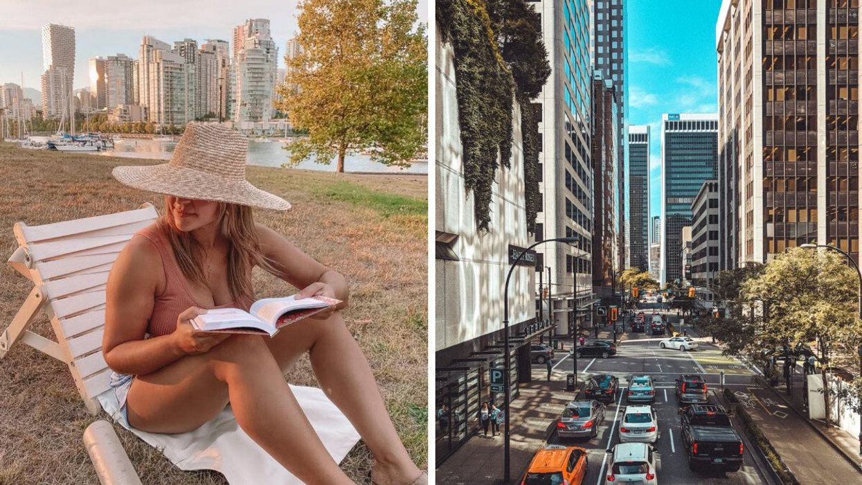 Person in a city reading. Right: A city street.