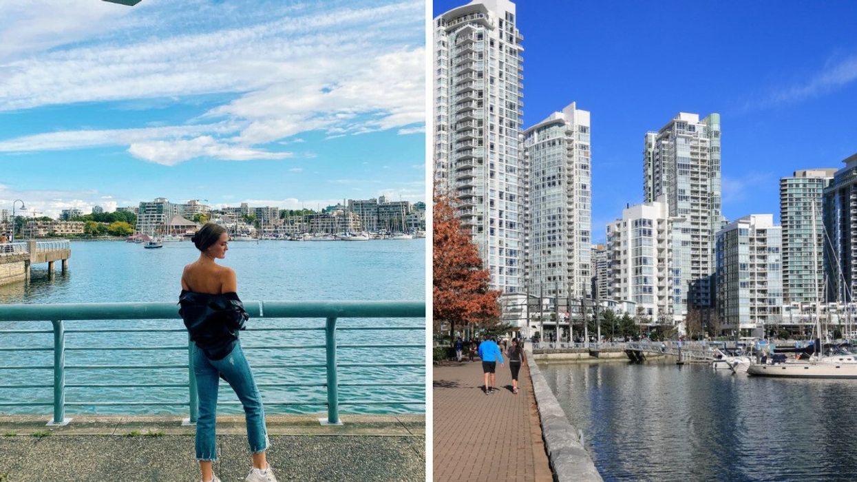 Person in a city. Right: A city.