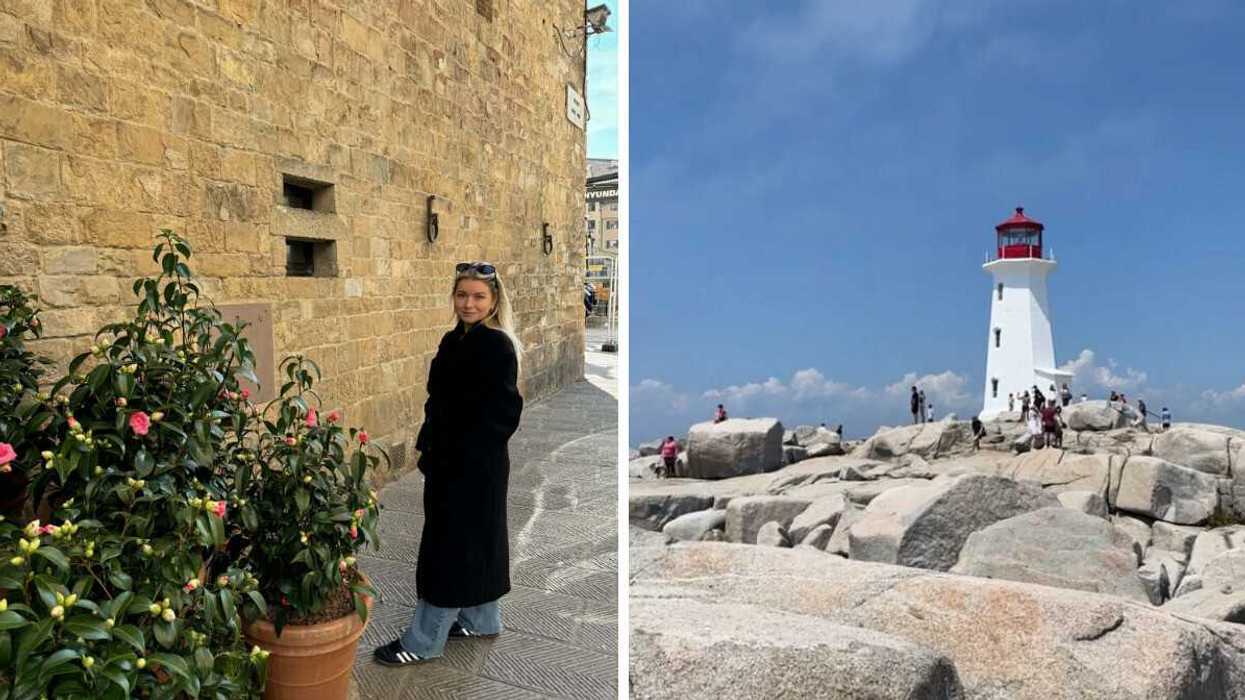 Person in a city. Right: A lighthouse.