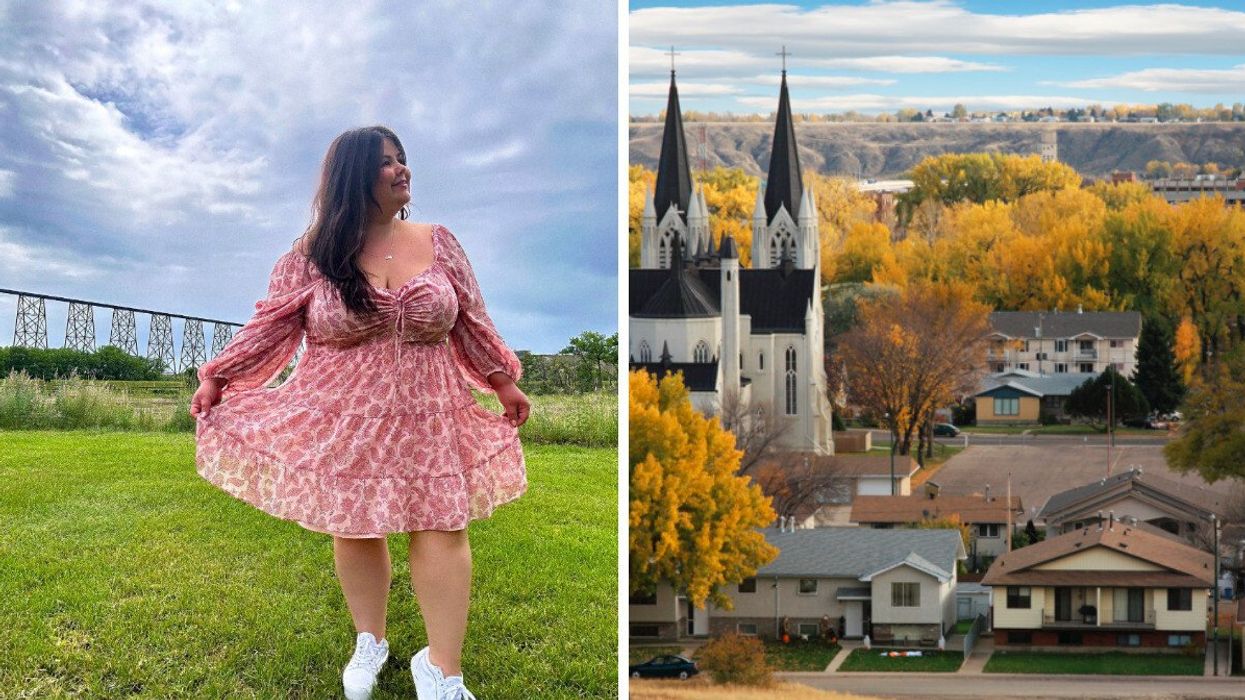 Person in a city. right: A small city.
