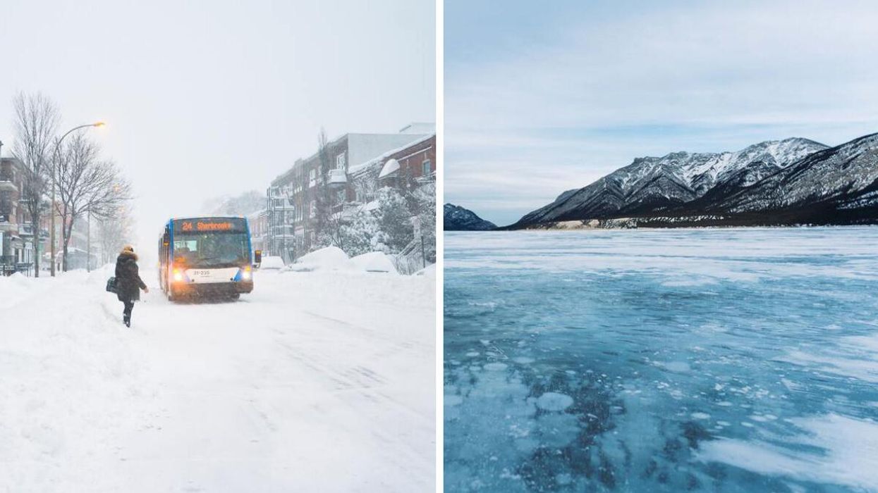 Person in a coat waiting for a bus as it snows in Montreal. Right: Frozen lake during the winter in Alberta.