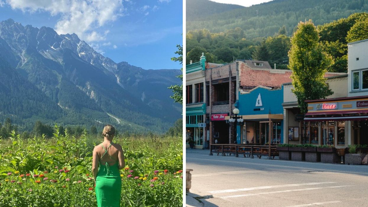 Person in a flower field with a mountain. Right: A town street.