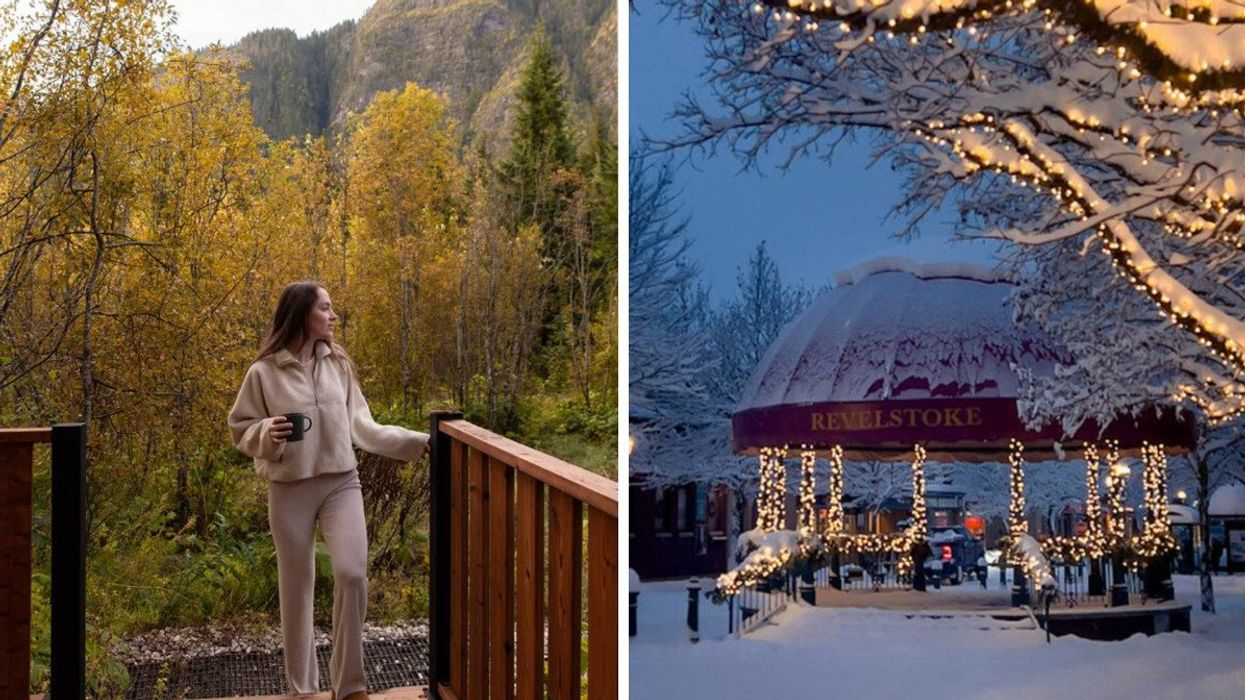 Person in a forest. Right: A small town/