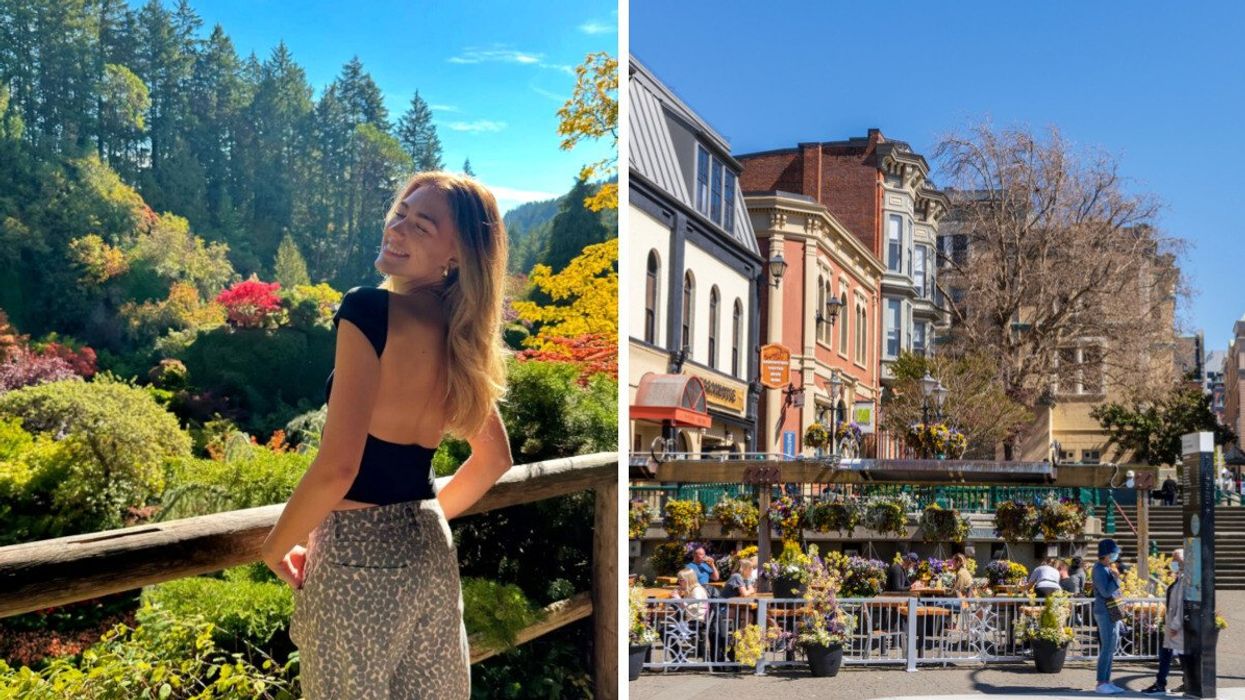 Person in a garden. Right: A city street.
