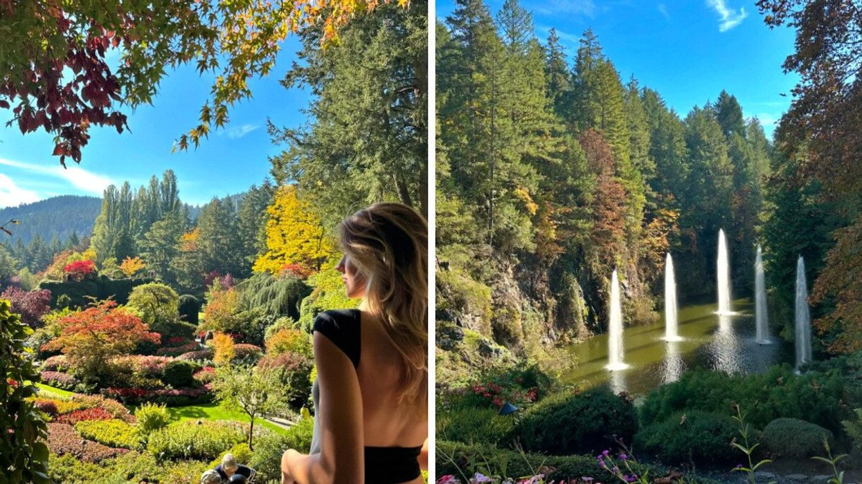 Person in a garden. Right: A fountain.