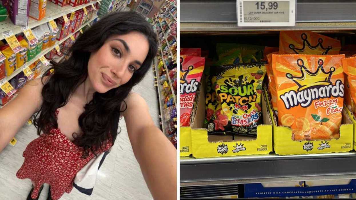 Person in a grocery store. Right: Candy on a grocery store shelf.