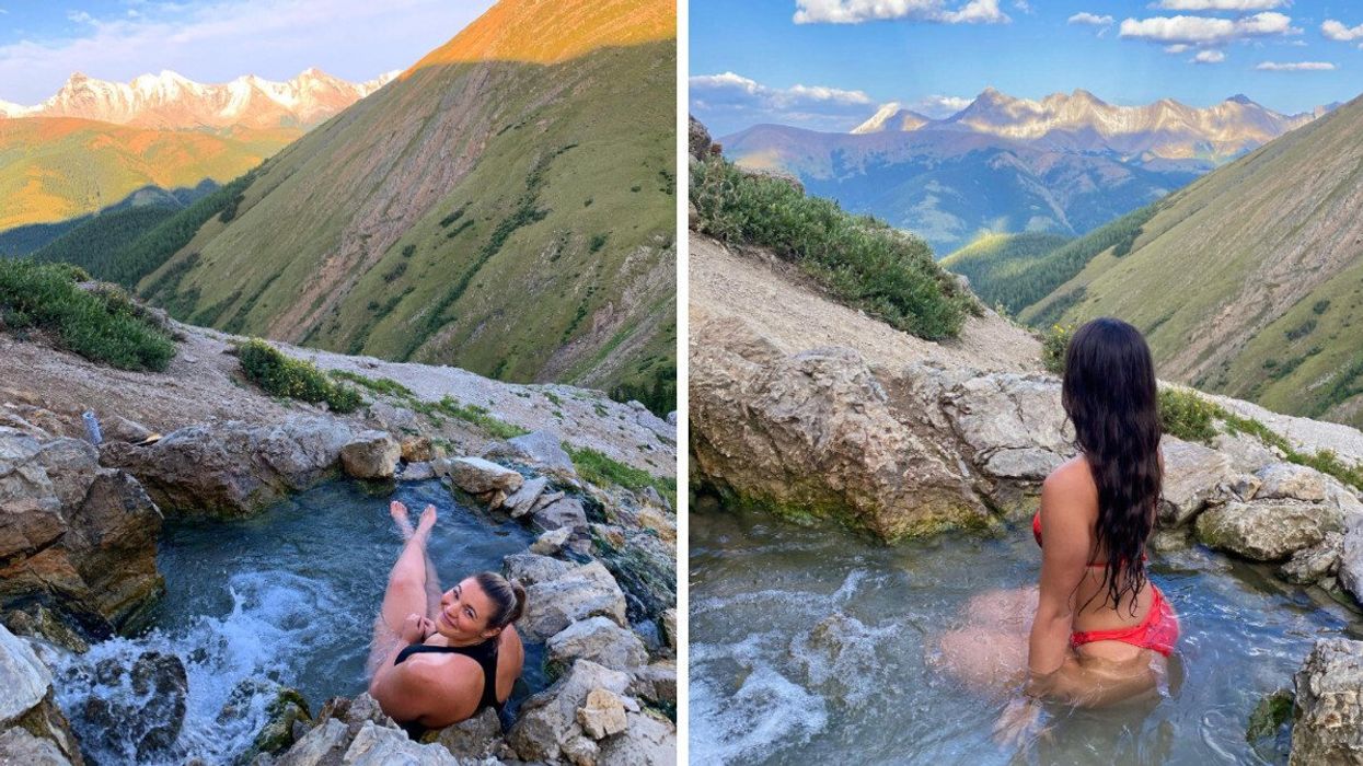 Person in a hot spring in the mountains. Right: Person with a view of mountains.