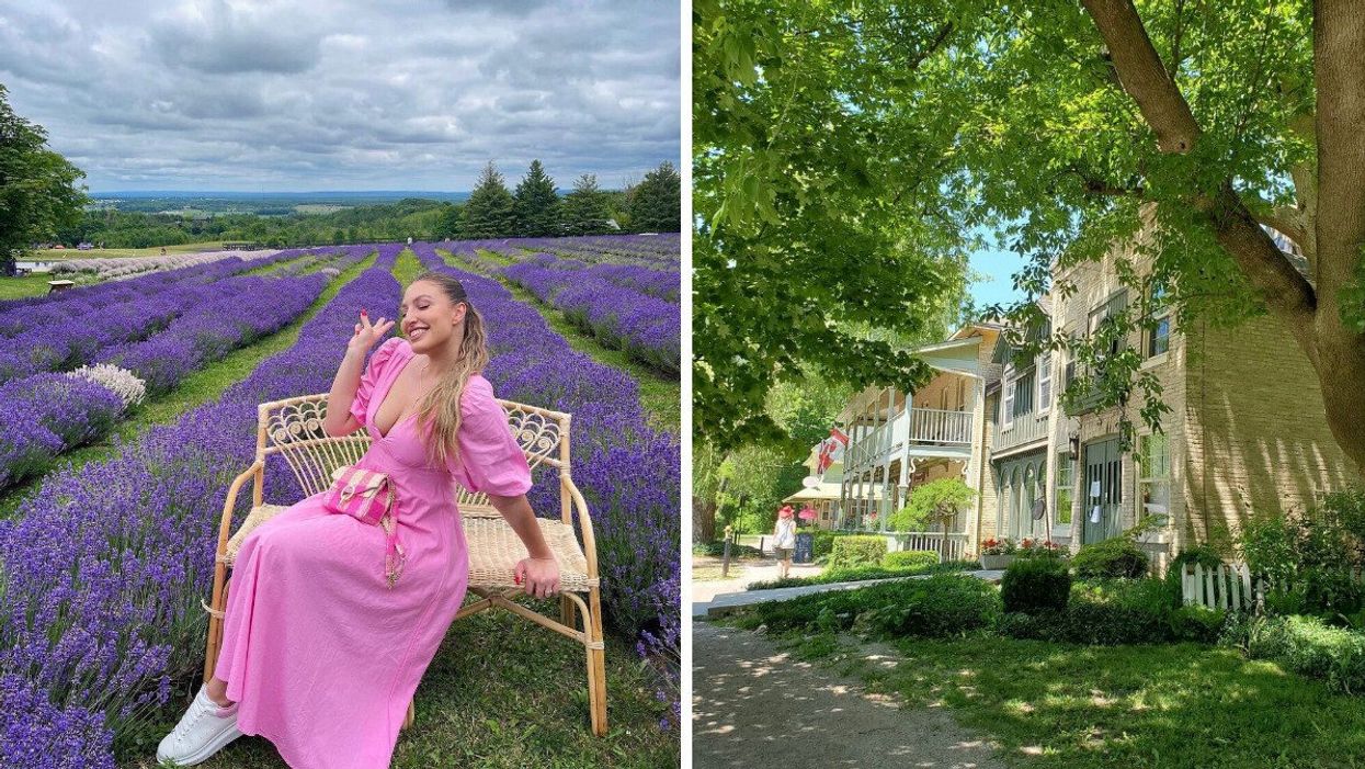 Person in a lavender field. Right: Village of Bayfield, Ontario.