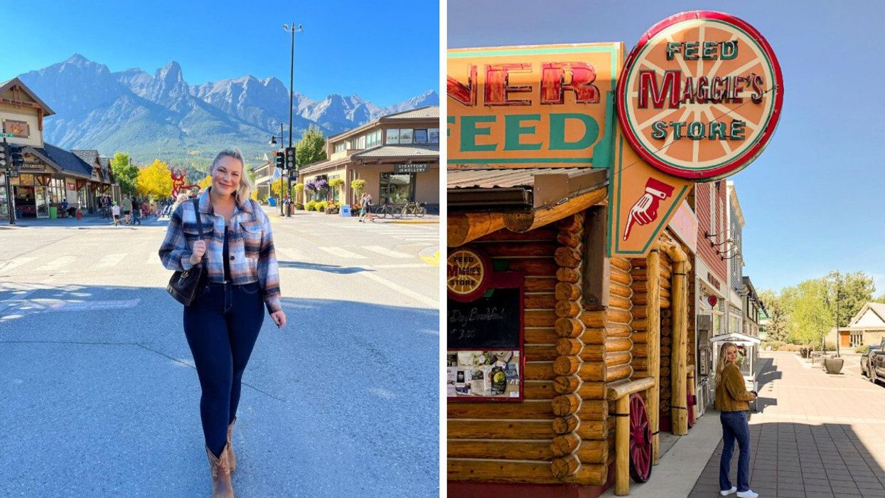 Person in a mountain town. Right: Someone outside of a diner.
