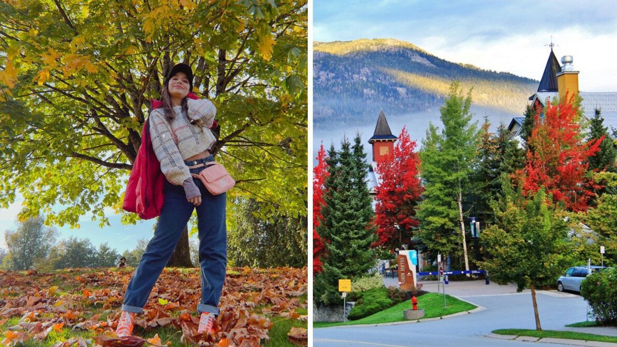 Person in a park in fall. Right: Whistler in the fall.