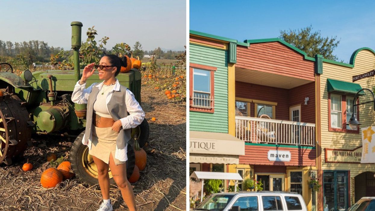 Person in a pumpkin patch. Right: A street in Fort Langley.