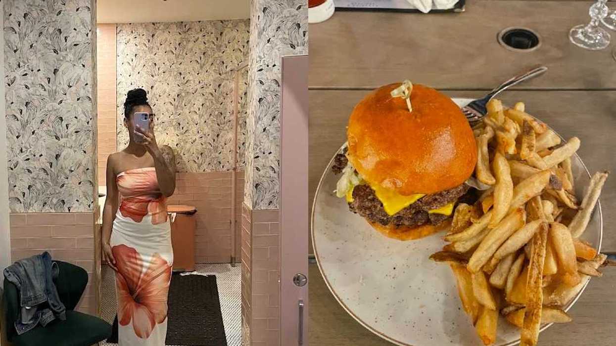 Person in a restaurant. Right: A burger and fries.