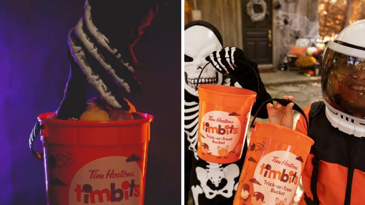 Person in a skeleton costume reaching into the Tim Hortons Timbits Trick-or-Treat Bucket. Right: Kids dressed in Halloween costumes holding the Timbits Trick-or-Treat Bucket.