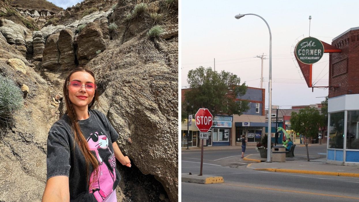 Person in a small Alberta town. Right: A small town in Alberta.